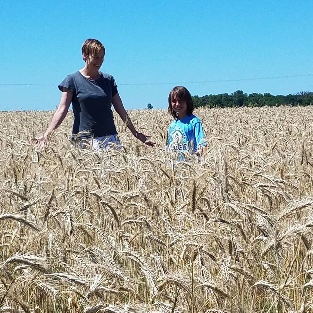 A picture of a woman and child in a wheat field. The woman has short, reddish hair and is wearing a dark colored t-shirt. The child has short brown hair and is wearing a light blue shirt.