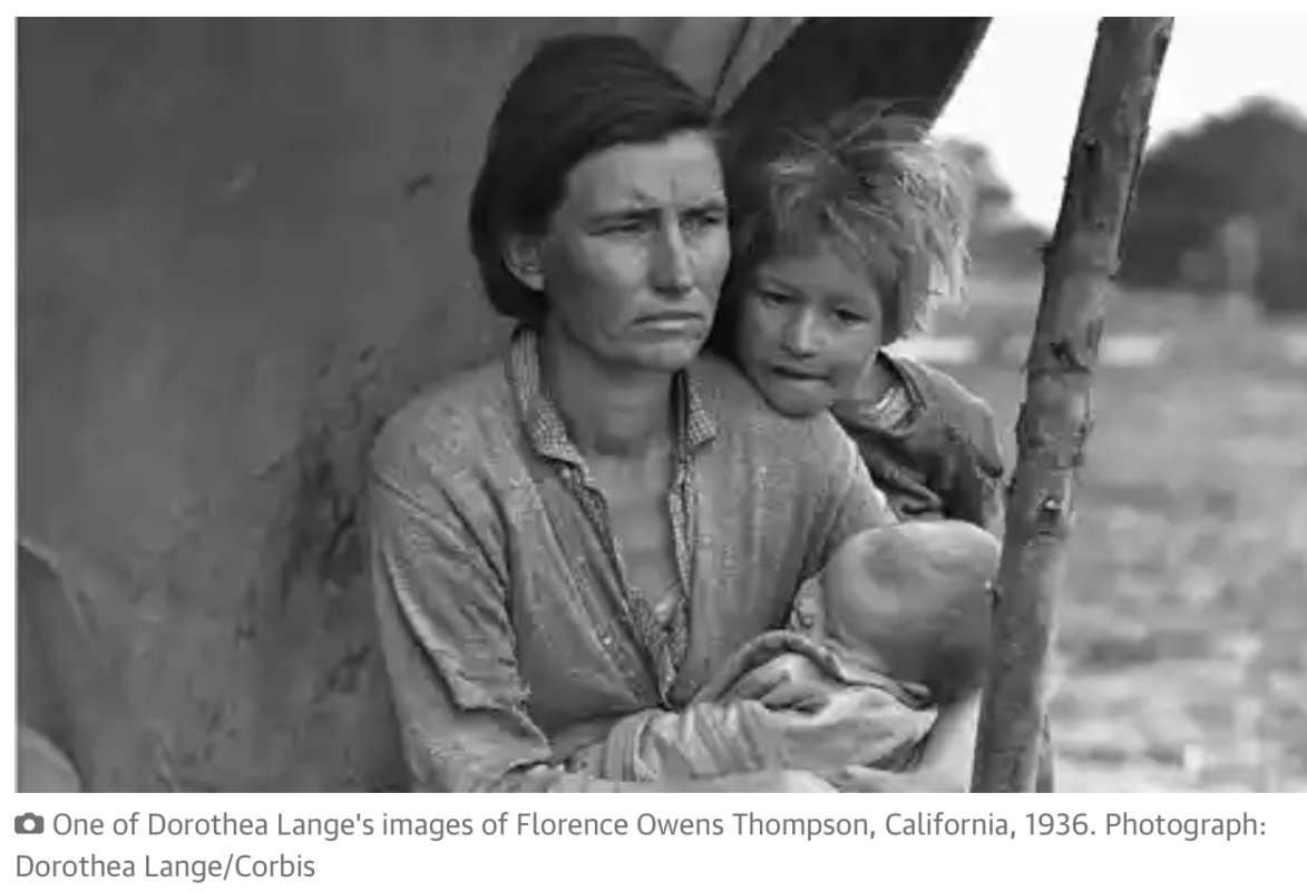 A picture showing a mother with her children taken during the Great Depression, photographed by Dorthea Lange.