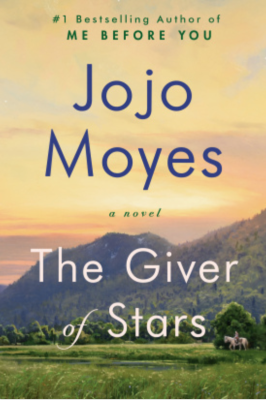 A picture of a book cover called "The Giver of Stars" showing a person on a horse in a valley with mountains in the background.