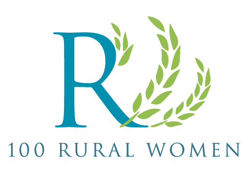 This is a picture of the 100 Rural Women Logo. The "R" and "100 Rural Women" is a blue color while the wheat icon is green.