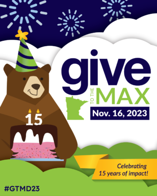 Picture of a bear with a blue and green striped party hat holding a pink cake with numbered candles 15. To the right is Give to the Max logo with date Nov. 16th, 2023 below.